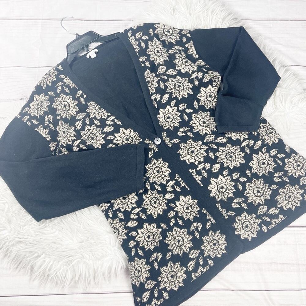 J. Jill Women's Floral Cotton Blend‎ Black Cardigan Sweater Size XL